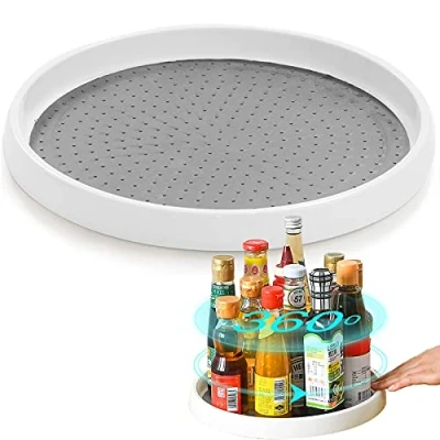 Image of Skupro Lazy Susan Turntable Cupboard Organizer, Rotating Spice Rack for Kitchen Storage &amp; Organisation, Non Slip Condiment Holder, White Plastic Tray Organiser and Pantry