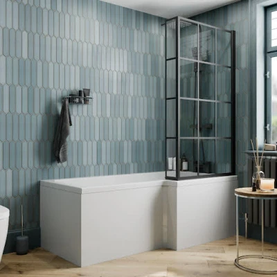 Image of Ceramica L Bath Bundle 1700mm Right Hand Including Black Grid Shower Screen and Front &amp; End Panels