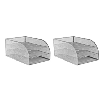 Image of OSCO Silver Wiremesh Triple Letter Tray 2 Pack Document Storage A4 Filing Assembled Paper Organiser Desk Tidy H17.5 x W24.5 D37 cm