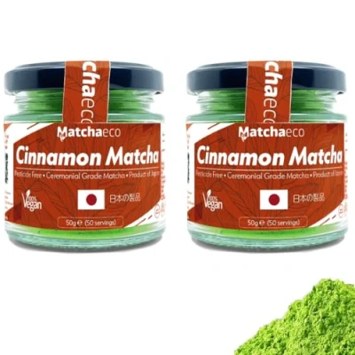 Image of Matchaeco 100g Cinnamon Matcha [2 x50g Cinnamon] Japanese Green Tea Powder Flavoured Stone Ground Ceremonial Grade From Japan Pesticide Free Vegan Gift Ideas (100g Cinnamon)