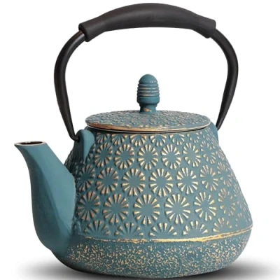 Image of MILVBUSISS Cast Iron Teapot, 950ml Japanese Sakura Blossom Pattern Tea Kettle, Stovetop Safe, Infuser for Loose Leaf &amp; Coffee, Silicone Handle, Enamel Interior, 32oz Blue