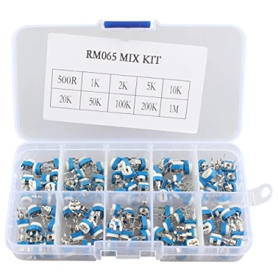 Image of HALJIA 100Pcs 10 Value RM065 6MM Trimmer Potentiometer Assorted Kit Variable Resistor with Plastci Box