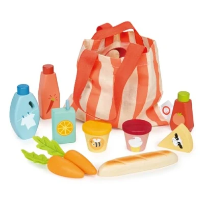 Image of Mentari Wooden Toy Grocery Bag Pretend Play Food Supermarket Shopping With Children Ages 3+