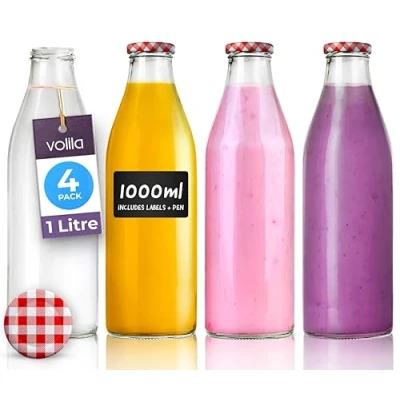 Image of Glass Milk Bottles with Lids 1L 4 Pack Reusable Bottle for Beverages, Sauces, Storage Container and Decor Leakproof Lids, Labels Pen (Gingham Lid)