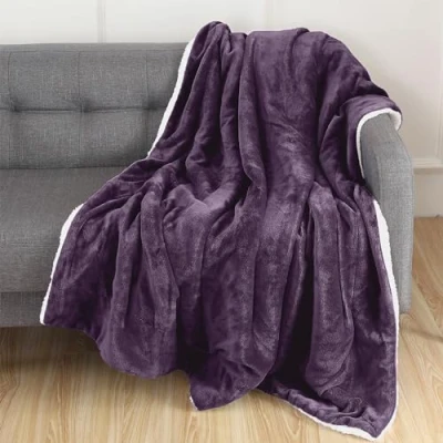 Image of Elegant Comfort Reversible, Solid Sherpa Throw Blanket, All Season Blanket Super Soft, Cozy and Plush Decorative Throw, Perfect for Lounging, 50 x 60 inches, Purple