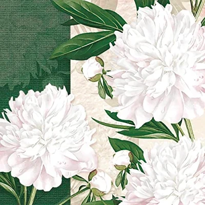 Image of Maki 3 Ply Flowery Tissue Paper Napkins Serviettes for Decoupage Lunch 33 x 33cm Pack of 20 (Dewed White Peonies)