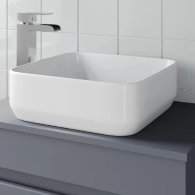 Image of Affine® Countertop Basin for Bathroom and Cloakroom Hand Wash Basins Sink Modern White Gloss Square, 365 x 365mm