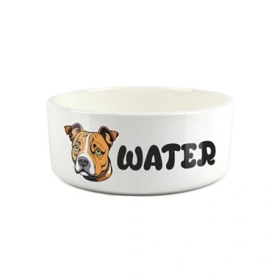 Image of Staffy Pet Bowl Cartoon Staffordshire Bull Terrier Dog Portrait Large Ceramic Water Novelty White Dish For Dogs
