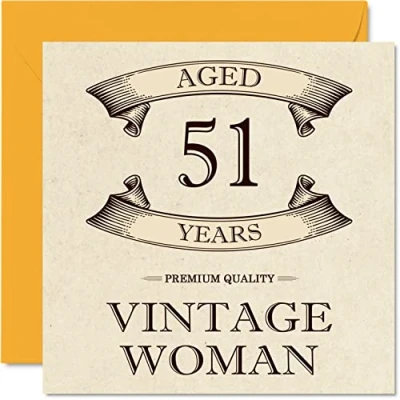 Image of Vintage 51st Birthday Cards for Women Aged 51 Years Fun Card Mum Sister Wife Girlfriend Nanny Grandma Auntie, 145mm x Ladies Greeting Cards,