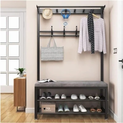 Image of KIYIYDMM Coat Rack with Shoe Storage Hall Tree Industrial style Entrance Unit Bench, Freestanding Entryway Hooks Shelf for Entryway, Hallway