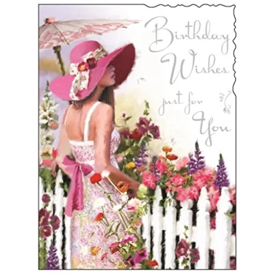 Image of Greeting Card (JJ4375) Female Birthday Girl At Picket Fence Foil and Flittered Finish