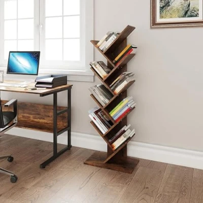Image of YITAHOME Tree Bookshelf, Floor Standing Book Shelf, Tall Industrial Wooden shelves Bookcase, Display Storage Shelving Units for Living Room Home Office Rustic Brown