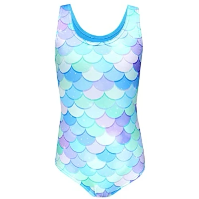 Image of Aquarti Girls&#039; One Piece Swimsuit with Open Back Print, Mermaid/Blue/Green/Purple, 128