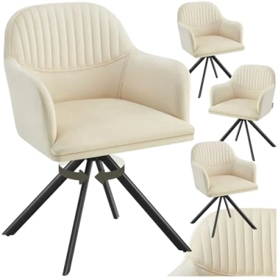 Image of TecTake® Set of 4 Velvet Dining Chairs with 360 Swivel Function, Thickly Padded Armchairs Stable Steel Legs, Non Slip Caps &amp; Quick Assembly Ideal Kitchen, Bedroom Desk Cream/Black