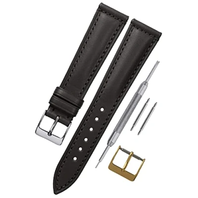 Image of Buckle &amp; Stitch Premium Leather Watch Strap Sleek 4mm Taper 20mm Black Spring Bars and Tool Included (20mm, Black)