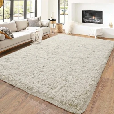Image of Hafaa Rugs Living Room 120 x 170 Fluffy Cream Area for Bedroom Super Soft Large Shaggy Pile Non Slip Shedding Rug Modern Plush Carpet Lounge