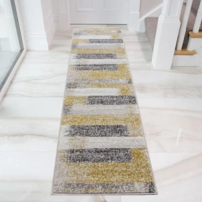 Image of Durable Abstract Ochre Grey Striped Hallway Long Carpet Runner Rug Distressed Yellow Mustard Slate Painterly Lounge Bedroom Living Room Narrow Rugs 60cm x 240cm