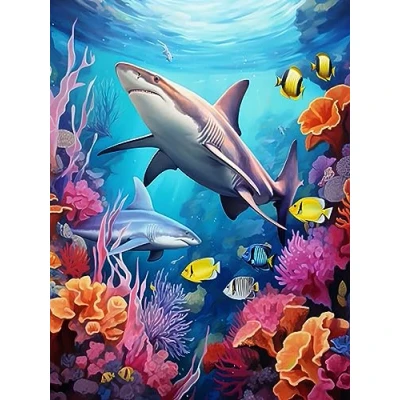 Image of Yeerum 5D Diamond Painting by Numbers Kits for Adults Sharks Round Full Drill, DIY Art Animal Beginner Embroidery Cross Stitch Arts Crafts Home Decoration 30x40cm