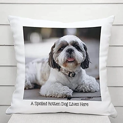 Image of Luxury personalised Dog Photo cushion, Cushion Cover, Gift for Photo, Owner, Add your own Photo! Reads: A Spoiled Rotten Lives Here.