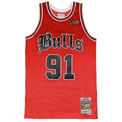 Image of Mitchell &amp; Ness Chicago Bulls Dennim Mens Red Vest SMJYEF18022 CBUSCAR97DRD