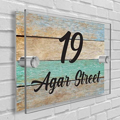 Image of Personalised House Number Plaque in Rectangle shape Glass Effect Acrylic Sign Door Plate Wall Display Premium Quality 2 Part Choose Your Own Design &amp; Font (Wooden Theme)
