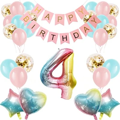 Image of Apradas Baby Girl 4th Birthday Decorations Gradient Color Age 4 Balloons with Happy Banner for Showers Fourth Party Supplies Girls Boys (4th Birthday)