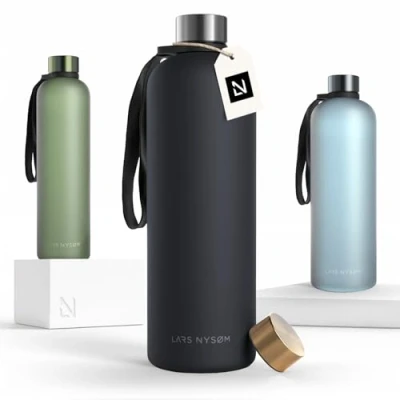Image of LARS NYSØM Water Bottle 51oz Drinking 1,5Liter Ultralight Tritan Sports Flask leak proof Ideal for sports, office, yoga 2 lids included (Carbon Black, XL 1500ml)