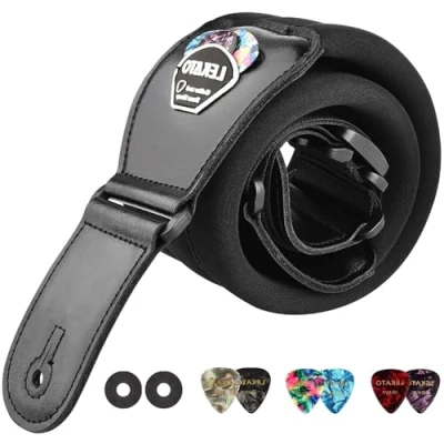 Image of LEKATO Memory Foam Padded Guitar Strap with Genuine Leather Ends 3’’Wide Comfortable Shoulder Straps Adjustable Length from 50&quot; to 61&quot; for Bass Electric Guitars 6 Picks (50&quot; 61&quot;(Long), Black)
