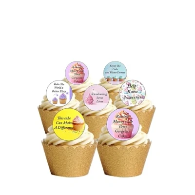 Image of 24 Pre Cut Charity Fundraising Awareness Edible Wafer Paper Round Cake Toppers Decorations MacMillan, Alzheimers, Cancer Research, Marie Curie
