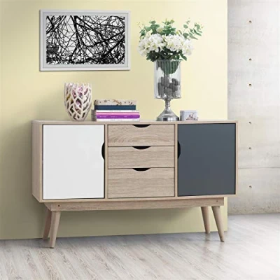 Image of Timber Art Design UK Alford Sideboard Storage Cupboard with 2 Doors &amp; 3 Drawers Compact Organizer Unit For Dining Room, Living Room in Sonoma Oak Wood Effect White Grey W125cm x H77cm D45cm