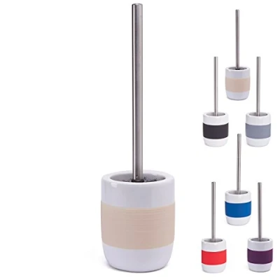Image of MSV TOILET BRUSH AND HOLDER CERAMIC GREY MOOREA, White