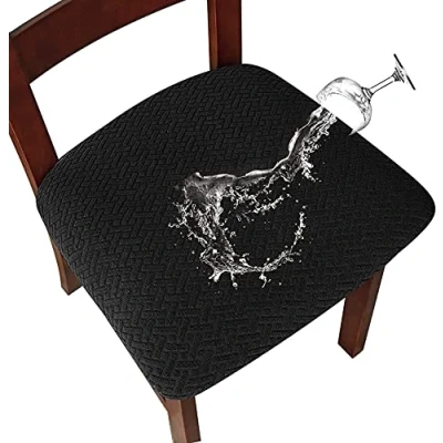 Image of LANSHENG Chair Seat Covers for Dining Room Jacquard Washable Stretch Waterproof Slipcovers Protector Set of 6 Kitchen with Buckle (Black, 6)