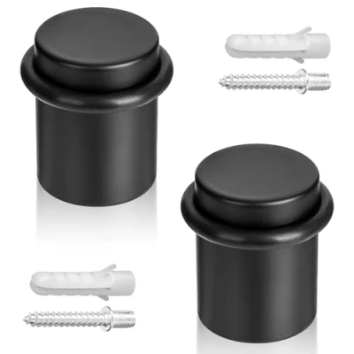 Image of ECENCE Door stoppers for Floor 2X Holder Drill Stainless Steel Ø3cm(1.18&quot;) x 4cm(1.57&quot;) Stop Floor, Protection Wall Black Included Screws and Dowels