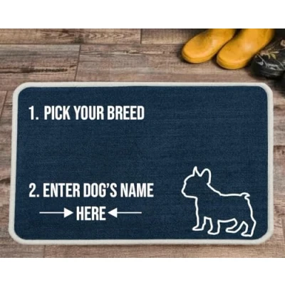 Image of Pet REBELLION Extra Large Personalised Absorbent Machine Washable Food Mat For Dogs Feeding Bowls Non Slip Reduces Movement Rounded Corners to Stay Flat (French Bulldog Blue)