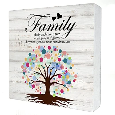 Image of Funny Family Wooden Box Sign Desk Decor Like Branches on a Tree Wood Block Plaque Signs with Quotes Rustic for Home Living Room Shelf Table Decoration (7 X 7 Inch)