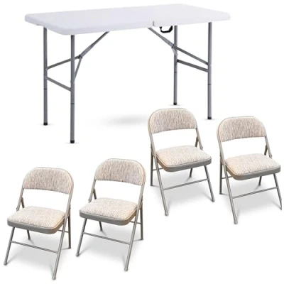 Image of Crystals White Folding Table with Deluxe Fabric Padded Metal Chairs Camping Chair &amp; Set, Outdoor, Dining, Trestle, Portable Furniture (4ft 4 Chairs)