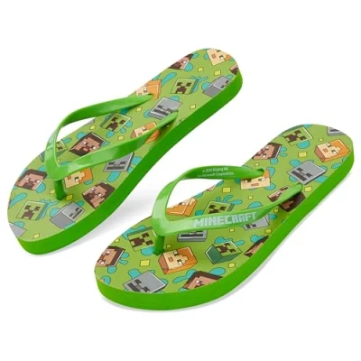 Image of Minecraft Boys Sliders or Flip Flops for Beach and Pool Gifts (Green Flops, 3 4 UK)