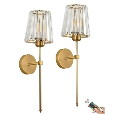 Image of Modern Wireless Wall Sconces Battery Operated Lights Set of 2, Not Hardwired USB Rechargeable Lamps, Dimmable Clear Glass Lighting Fixture for Bathroom Bedroom Vanity Living Room Hallway(Gol