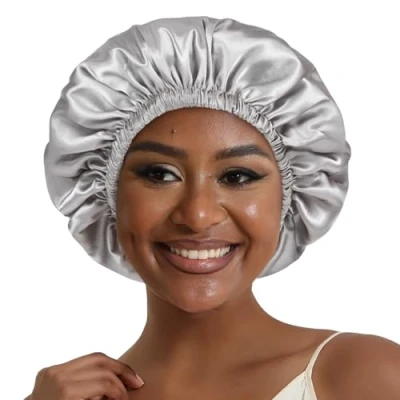 Image of Hat Hut Satin Bonnet Silk for Sleeping Hair Cap Curly Wrap Reversible (Ash Grey/Black)