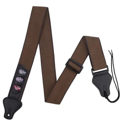Image of Cotton Guitar Strap, Top Grade Strap with Leather Ends and Pick Pocket, 3 Picks Included, concise style Adjustment for Electric &amp; Acoustic ,Bass (Coffee)