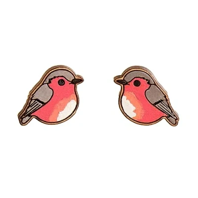 Image of Robin Valley Hand painted Bird Wooden Earrings