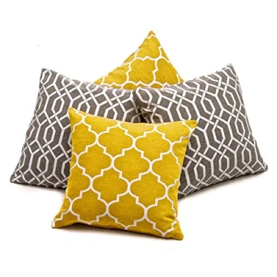 Image of Red Rainbow Set of 4 Yellow Ochre, Grey &amp; White Geometric Design Chenille 18 inch Cushion Covers