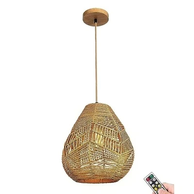 Image of KEFA Wireless Battery Operated Pendant Light Fixture with Remote, Non Hardwired Hanging Ceiling Light, Hand Woven Rattan Large Lighting/Chandelier for Kitchen Island Bedroom Living Dining Ro