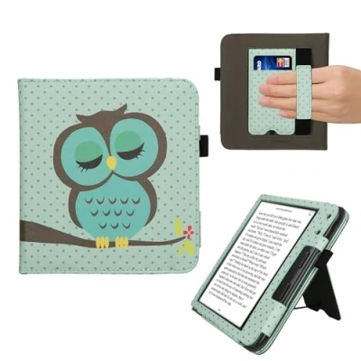 Image of kwmobile Case Compatible with Kobo Libra Colour PU Leather Cover Magnet Closure, Stand, Strap, Card Slot Sleeping Owl Turquoise/Brown/Mint