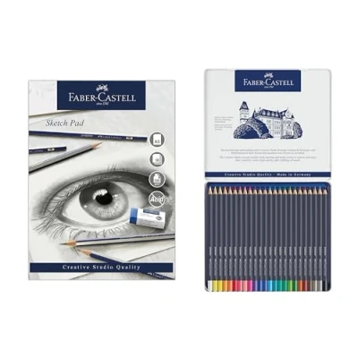Image of Faber Castell Goldfaber, Colour Pencil Set, Tin Of 24 &amp; Sketch Pad, A5, Gummed Paper Pad 100 GSM, 50 Sheets