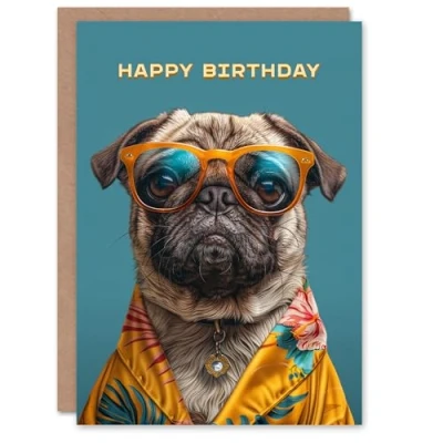 Image of Artery8 Birthday Card Hawaiian Shirt Pug Dog Lover Fun Portrait For Him Man Male Dad Brother Son Papa Grandad Greeting