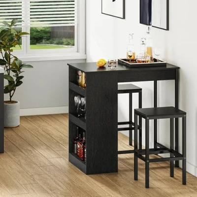 Image of YITAHOME Breakfast Bar Table, Table Set with Stools, 2, and Stools Dining Footrest Storage Shelf for Kitchen Room Pub Industrial Steel Frame (Black)