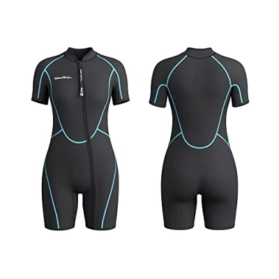 Image of Womens 3mm Shorty Wetsuit, Premium Neoprene Front Zip Short Sleeve Scuba Diving Wetsuit Snorkeling Surfing (Women Black, XL)