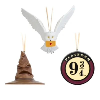 Image of Grupo Erik Harry Potter Christmas Ornaments Set Of 3 Sorting Hat &amp; Platform 9 3/4 Hedwig Hanging Ornament Decorations Gifts Merchandise