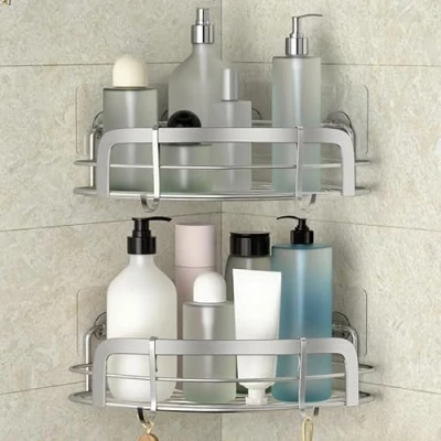 Image of STEUGO Shower Caddy Corner, Bathroom Corner Shelfs, Adhesive Wall Mounted with 4 Movable Hooks, SUS304 Stainless Steel Bath Storage Organizers, 2 Pack